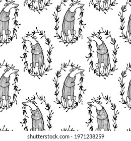 Vector seamless pattern with hand drawn cute whippets in knitted sweaters in floral frames. Beautiful design elements, ink drawing, funny illustration. Perfect for prints and patterns