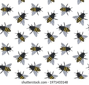 Vector seamless pattern of hand drawn doodle sketch colored bee isolated on white background