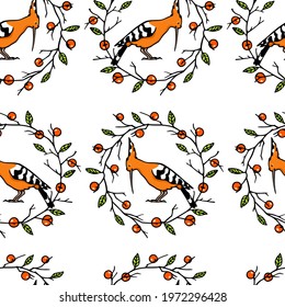 Vector seamless pattern with hand drawn sweet Hoopoes in graceful persimmon wreath. Ink drawing, graphic style. Beautiful animal design elements.