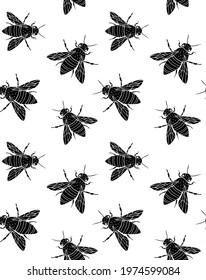 Vector seamless pattern of hand drawn doodle sketch black bee isolated on white background