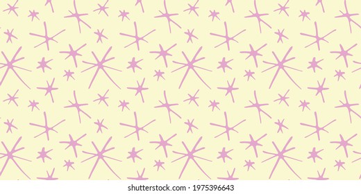 Vector seamless pattern from hand drawn primitive stars, flowers in doodle flat style. Bright simple background and texture. Spring, summer glade