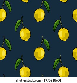 Vector seamless pattern with hand drawn lemon tree branches with ripe juicy fruits on dark background. Beautiful ink drawing, food design elements, perfect for prints and patterns