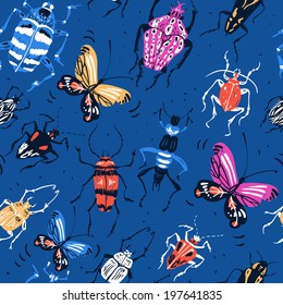 vector  seamless pattern with hand drawn colored insects