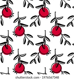 Vector seamless pattern with hand drawn graceful pomegranate branches with ripe red fruit. Beautiful ink drawing, graphic style. Food and nature design elements. Perfect for prints and patterns