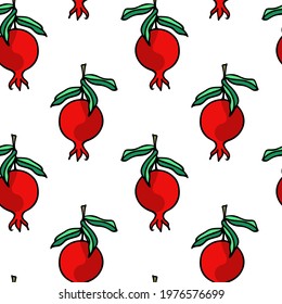 Vector seamless pattern with hand drawn graceful pomegranate branches with ripe red fruit. Beautiful ink drawing, graphic style. Food and nature design elements. Perfect for prints and patterns