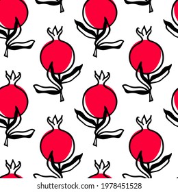 Vector seamless pattern with hand drawn graceful pomegranate twigs with ripe red fruit. Beautiful ink drawing, graphic style. Food and nature design elements. Perfect for prints and patterns