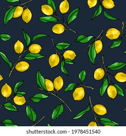 Vector seamless pattern with hand drawn lemon tree branches with ripe juicy fruits on dark background. Beautiful ink drawing, food design elements. Perfect for prints and patterns