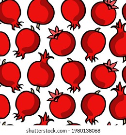 Vector seamless pattern with hand drawn ripe pomegranates. Beautiful ink drawing, juicy fruit, vibrant colors. Wonderful food design elements, perfect for prints and patterns