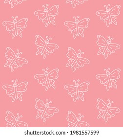 Vector Seamless Pattern Of Hand Drawn Doodle Sketch Butterfly Butter Fly Isolated On Pink Background