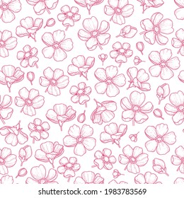 Vector seamless pattern with hand drawn twigs and sakura flowers on a white background. Cherry blossoms. wedding pattern, floral pattern for printing on fabric, clothing, wrapping paper.