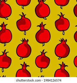 Vector seamless pattern with hand drawn ripe pomegranates on rich golden background. Beautiful ink drawing, juicy fruit, vibrant colors. Wonderful food design elements, perfect for prints and patterns
