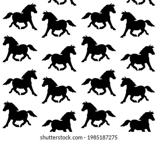 Vector seamless pattern of hand drawn pony horse silhouette isolated on white background