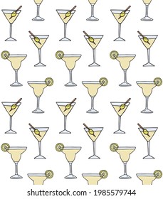 Vector seamless pattern of hand drawn doodle sketch colored margarita and martini cocktail isolated on white background