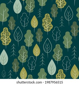 vector seamless pattern with hand drawn  different trees in green tones on a dark green background. trend background in flat style