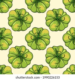 Vector Seamless Pattern Of Hand Drawn Ripe Green Heirloom Tomatoes. Beautiful Food Design Elements, Perfect For Food Related Industry