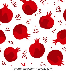 Vector seamless pattern with hand drawn red pomegranates and seeds. Beautiful ink drawing, juicy fruit, vibrant colors. Wonderful food design elements, perfect for prints and patterns