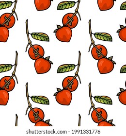 Vector seamless pattern with hand drawn graceful persimmon branches with ripe fruit. Beautiful ink drawing, graphic style. Perfect for prints and patterns