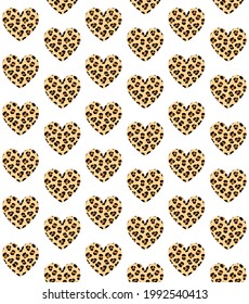 Vector seamless pattern of hand drawn flat heart with leopard cheetah fur print isolated on white background