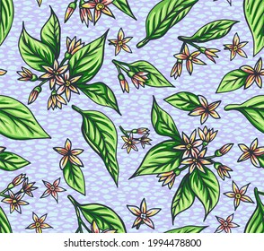 Vector seamless pattern with hand drawn flowers of citrus fruit trees. Lemon, lime, orange, grapefruit branches. Fruit print for textiles and paper
