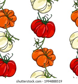 Vector Seamless Pattern Of Hand Drawn Ripe Colorful Heirloom Tomatoes On Green Branches. Beautiful Food Design Elements, Perfect For Food Related Industry