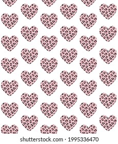 Vector seamless pattern of hand drawn flat heart with pink leopard cheetah fur print isolated on white background