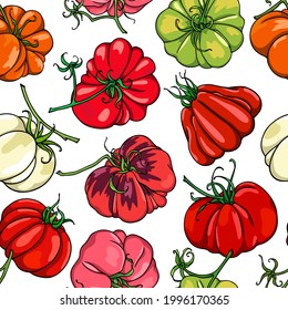 Vector Seamless Pattern Of Hand Drawn Ripe Colorful Heirloom Tomatoes On Green Branches. Beautiful Food Design Elements, Perfect For Food Related Industry