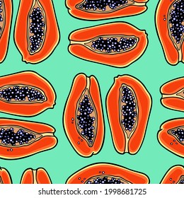 Vector seamless pattern with hand drawn open ripe papaya with black seeds. Beautiful healthy food design elements, ink drawing. Perfect for prints and patterns