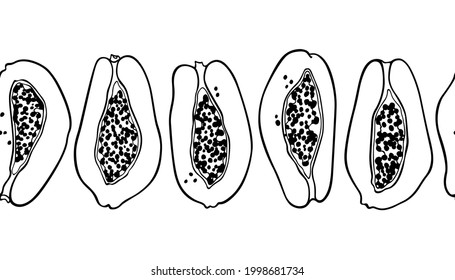 Vector seamless pattern with hand drawn open ripe papaya with black seeds. Beautiful healthy food design elements, ink drawing. Perfect for prints and patterns