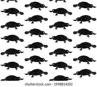 Vector seamless pattern of hand drawn doodle sketch black Platypus duckbill isolated on white background