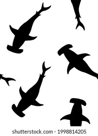 Vector seamless pattern of hand drawn hammerhead shark silhouette isolated on white background