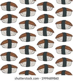 Vector seamless pattern of hand drawn doodle sketch colored sushi roll isolated on white background