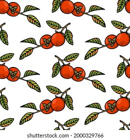 Vector seamless pattern with hand drawn graceful persimmon branches with ripe fruit. Beautiful ink drawing, graphic style. Perfect for prints and patterns