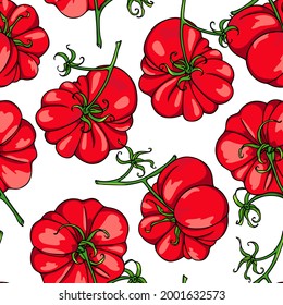 Vector Seamless Pattern Of Hand Drawn Ripe Red Heirloom Tomatoes On Green Branches. Beautiful Food Design Elements, Perfect For Food Related Industry