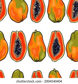 Vector seamless pattern with hand drawn open ripe papayas. Beautiful healthy food design elements, ink drawing. Perfect for prints and patterns
