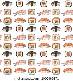 Vector seamless pattern of hand drawn doodle sketch colored sushi roll isolated on white background