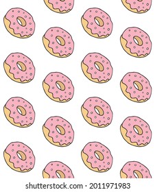 Vector seamless pattern of hand drawn doodle sketch pink colored donut isolated on white background