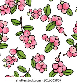 Vector seamless pattern with hand drawn graceful Pink Snowberry branches with ripe fruit. Beautiful ink drawing, graphic style. Botanical design elements. Perfect for prints and patterns