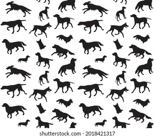 Vector seamless pattern of hand drawn different dog breed silhouette isolated on white background