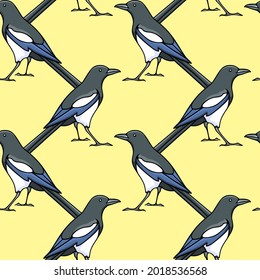 Vector seamless pattern with hand drawn cute Magpies. Ink drawing, graphic style. Beautiful animal design elements. Perfect for prints and patterns