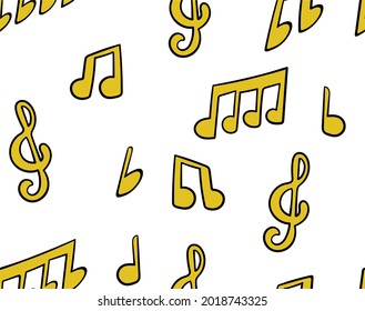 
Vector seamless pattern with hand drawn music notes in pop art and cartoon style. Background with signs of musical literacy. Print for paper and textiles