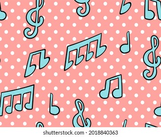 
Vector seamless pattern with hand drawn music notes in pop art and cartoon style. Background with signs of musical literacy. Print for paper and textiles