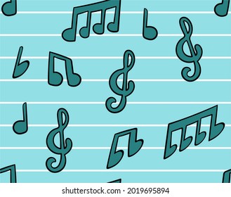 
Vector seamless pattern with hand drawn music notes in pop art and cartoon style. Background with signs of musical literacy. Print for paper and textiles