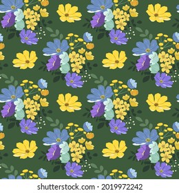 vector seamless pattern with hand drawn floral ornament on a green background. patern for printing on clothing, fabric, wrapping paper, flower background, wallpaper