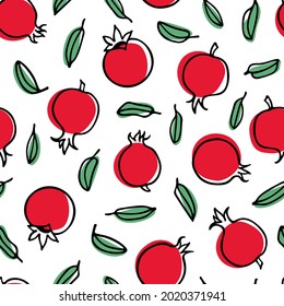 Vector seamless pattern with hand drawn pomegranate leaves and ripe red fruits. Beautiful ink drawing, simple flat style. Food and nature design elements. Perfect for prints and patterns