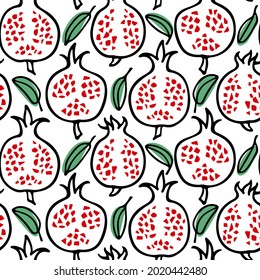 Vector seamless pattern with hand drawn pomegranate leaves and ripe fruits with red seeds. Beautiful ink drawing, simple flat style. Food and nature design elements. Perfect for prints and patterns