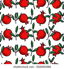 Vector seamless pattern with hand drawn leafy pomegranate twigs and ripe red fruits. Beautiful ink drawing, graphic style. Food and nature design elements. Perfect for prints and patterns