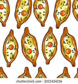 Vector seamless pattern with hand drawn traditional Georgian cheese bread. Ink drawing, graphic style. Beautiful food design elements, perfect for prints and patterns