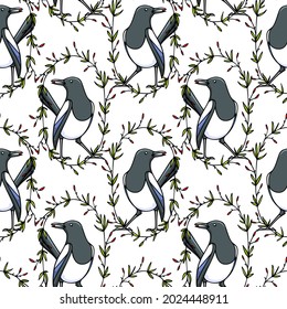 Vector seamless pattern with hand drawn cute Magpie with red berry in its beak in green floral wreath. Ink drawing, cartoon style. Beautiful animal design elements.