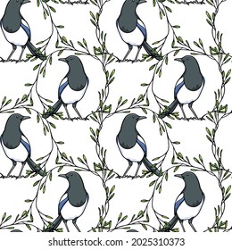 Vector seamless pattern with hand drawn cute Magpies in green leafy wreath. Beautiful animal design elements, cartoon style. Perfect for prints and patterns