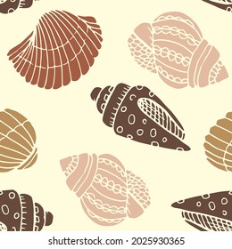 Vector seamless pattern with hand drawn scallop seashells, sea elements and stars. Beautiful marine design, perfect for prints and patterns, textile, fabric, children background